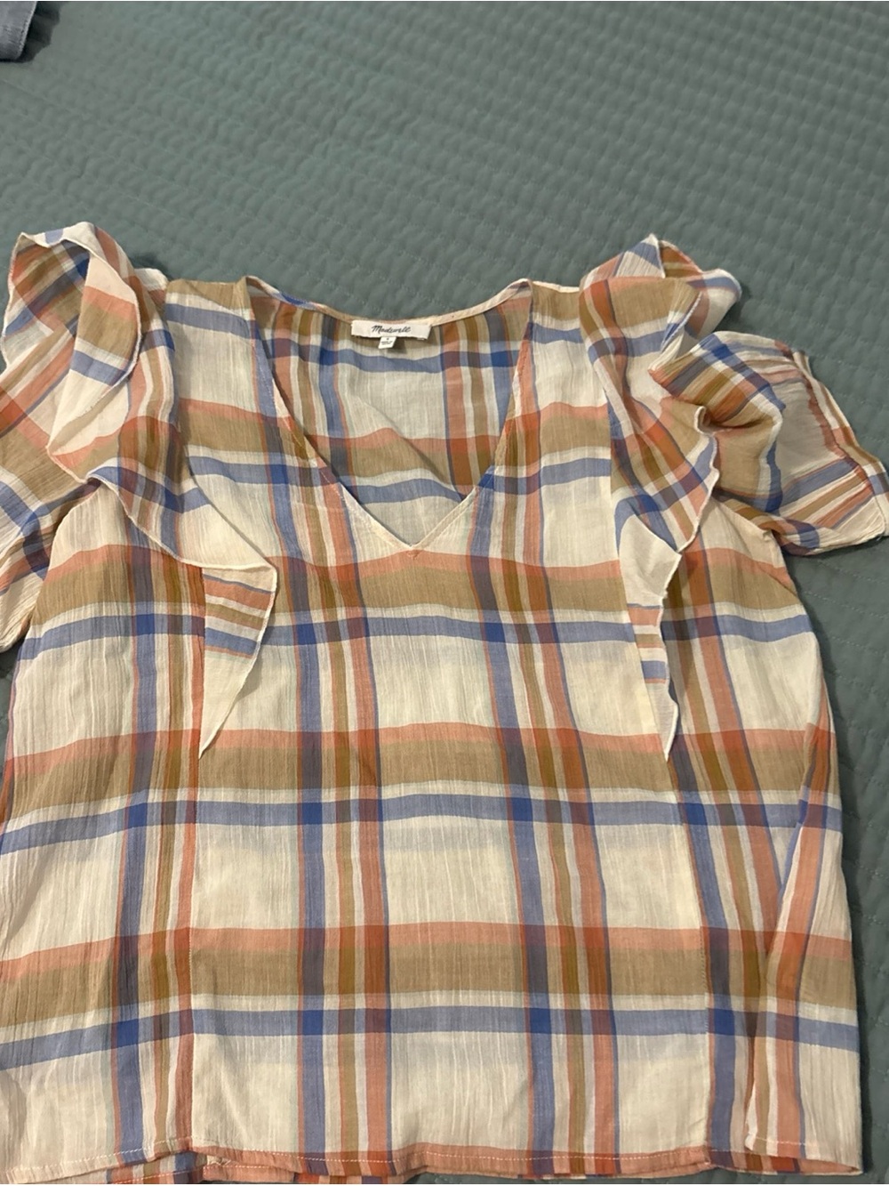 Madewell Plaid Ruffle-Sleeve Cotton Blend Top in Cream, Tan, Blue